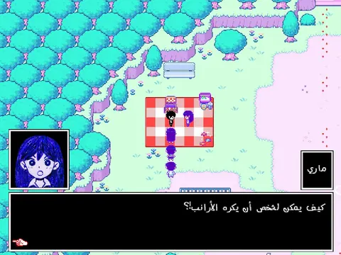 مشهد عربي فيه صورة ماري داخل صندوق الحوار وسطر حوار أسفل الشاشة